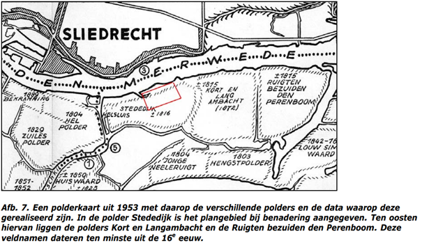 Een polderkaart uit 1953 met daarop de verschillende polders en de data waarop deze gerealiseerd zijn. In de polder Stededijk is het plangebied bij benadering aangegeven. Ten oosten hiervan liggen de polders Kort en Langambacht en de Ruigten bezuiden den Perenboom. Deze veldnamen dateren ten minste uit de 16e eeuw.